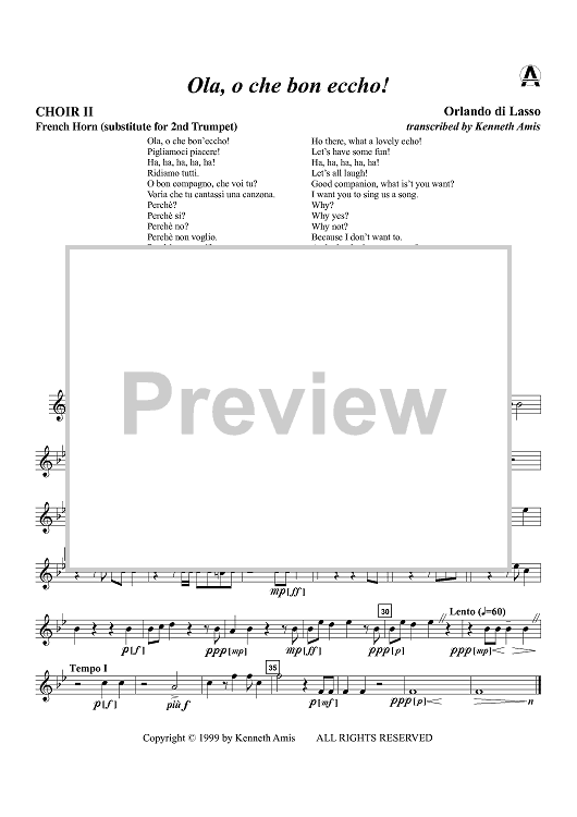 Ola, o che bon eccho! - Choir 2, Horn in F (subst. for Tpt. 2)