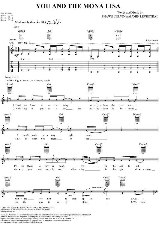 You and the Mona Lisa" Sheet Music by Shawn Colvin for Easy Guitar Tab