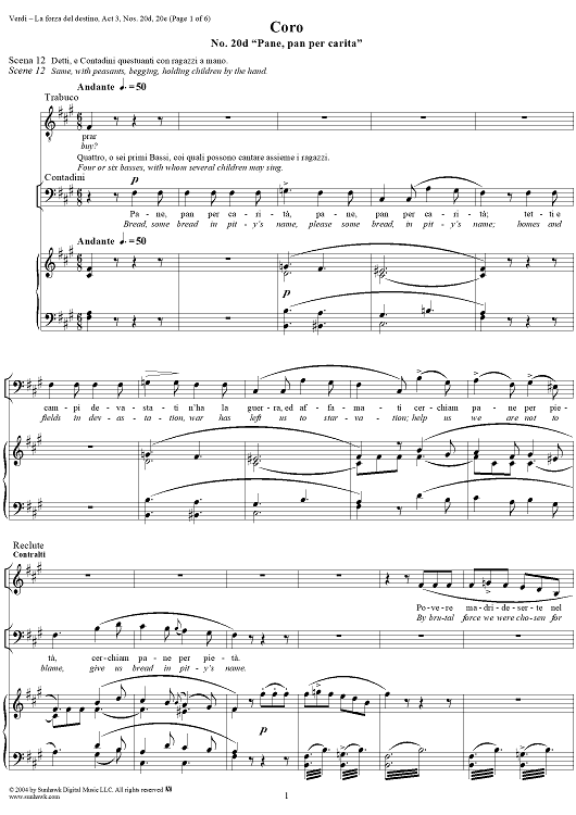La forza del destino, Act 3, Nos. 20d and 20e, Chorus. "Pane, pan per carità" and "Che vergogna!" - Score