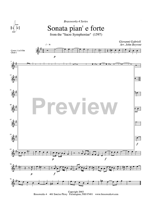 Sonata pian' e forte - from the "Sacre Symphoniae" (1597) - Cornet 1 in Bb Choir I