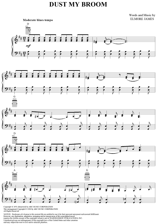 Dust My Broom" Sheet Music by ZZ Top for Piano/Vocal/Chords Sheet