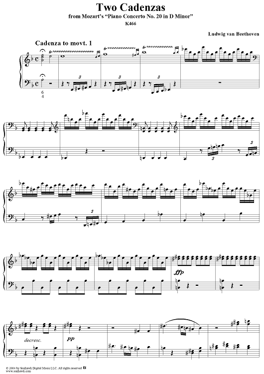 Two Cadenzas to Mozart: Piano Concerto No. 20 in D Minor