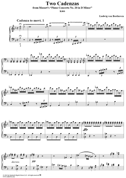 Two Cadenzas to Mozart: Piano Concerto No. 20 in D Minor