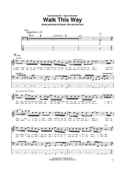 Walk This Way" Sheet Music by Aerosmith; RunD.M.C. for Bass Tab Sheet Music Now