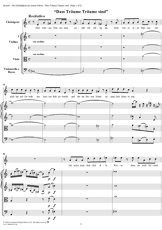 "Dass Träume Träume sind" (recitative), No. 5 from "Die Schuldigkeit des ersten Gebotes", K35 - Full Score
