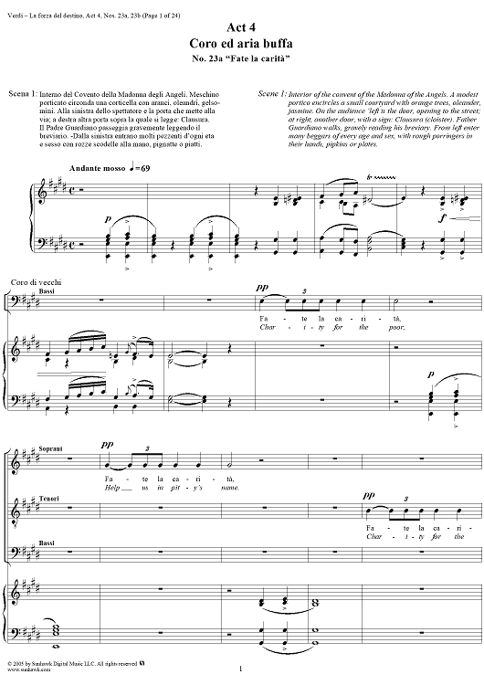 La forza del destino, Act 4, No. 23, Chorus and Aria-Buffa. "Fate la carità" and "Che? Siete all'osteria quieti?" - Score