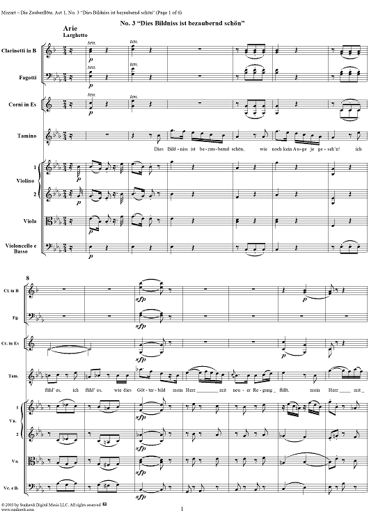 "Dies Bildnis ist bezaubernd schön", No. 3 from  "Die Zauberflöte", Act 1 (K620) - Full Score