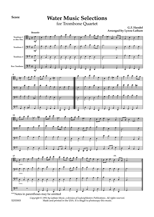 Water Music Selections for Trombone Quartet - Score