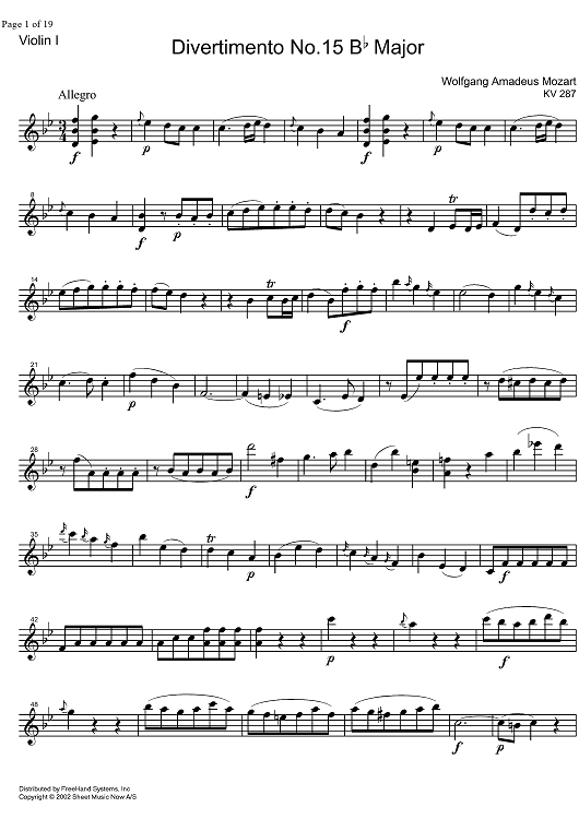 Divertimento No.15 Bb Major KV287 - Violin 1