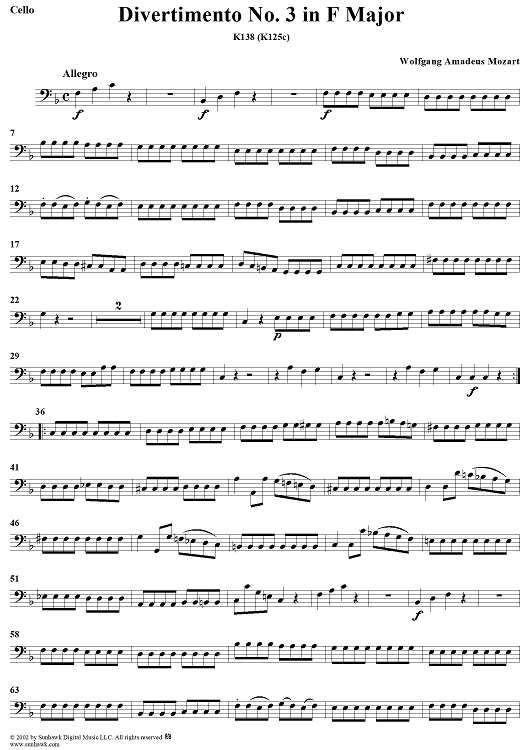 Divertimento No. 3 in F Major, K138 - Cello