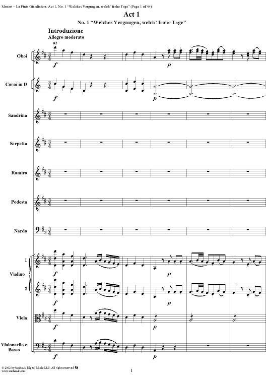 La Finta Giardiniera, Act 1, No. 1 "Introduction" - Full Score