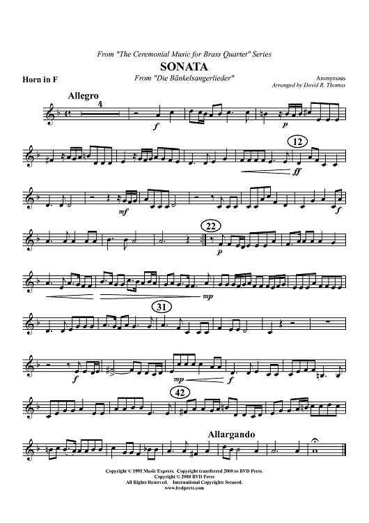 Sonata from "Die bankelsangerlieder" - Horn in F (plus optional part for Trombone)