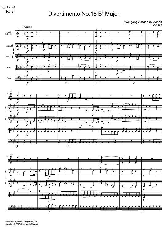 Divertimento No.15 Bb Major KV287 - Score