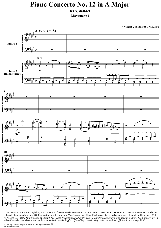 Piano Concerto No. 12 in A Major, K385p (K414), Movement 1