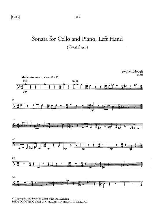 Sonata for Cello and Piano, Left Hand (Les Adieux) - Cello