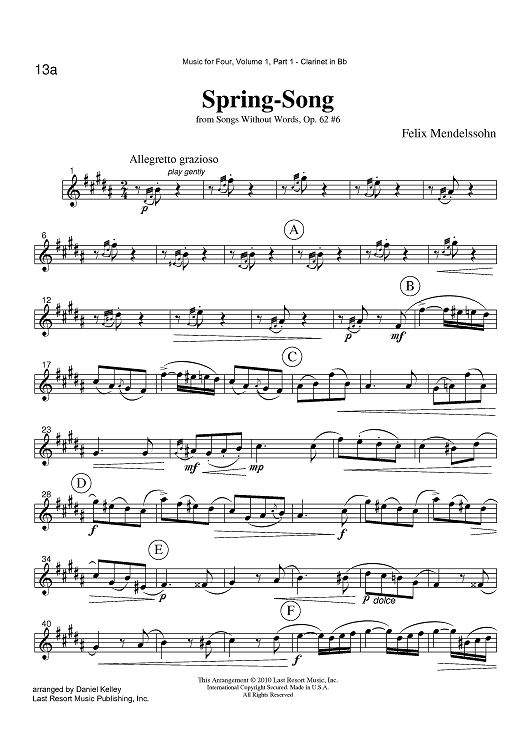 Spring-Song - from Songs Without Words, Op. 62 #6 - Part 1 Clarinet in Bb