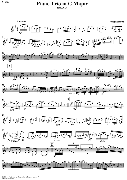 Piano Trio in G Major ("Gypsy Trio"), HobXV/25 - Violin