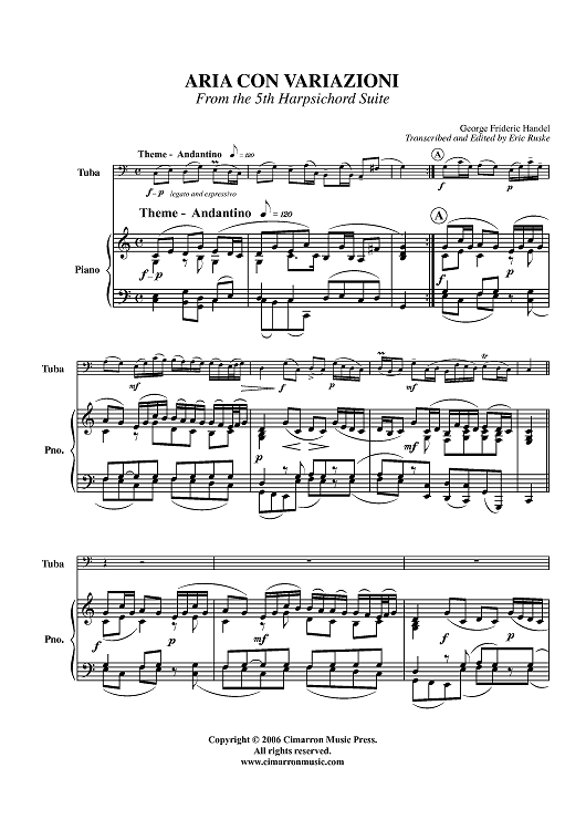 Aria con Variazioni (from the 5th Harpsichord Suite) - Piano Score