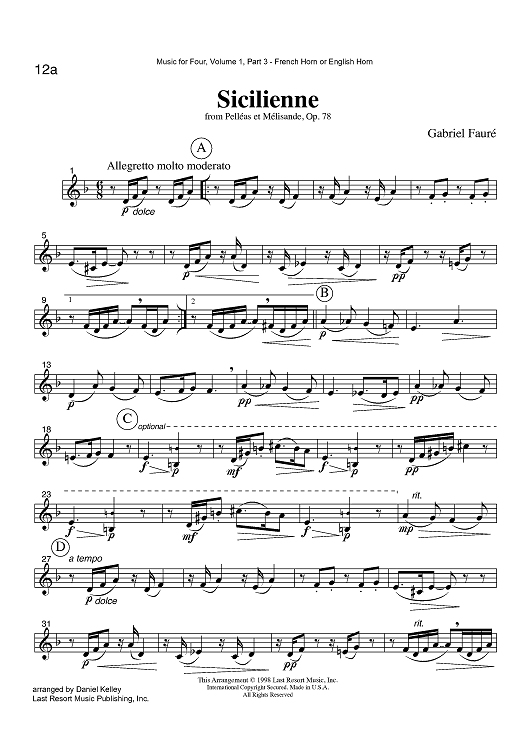 Sicilienne - from Pelléas et Mélisande, Op. 78 - Part 3 Horn or English Horn in F