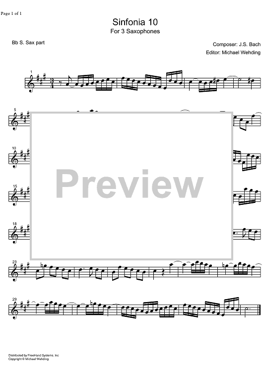 Three Part Sinfonia No.10 BWV 796 G Major - B-flat Soprano Saxophone