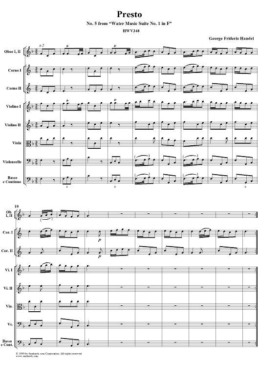 Presto - No. 5 from "Water Music Suite No. 1 in F" - HWV348 - Full Score