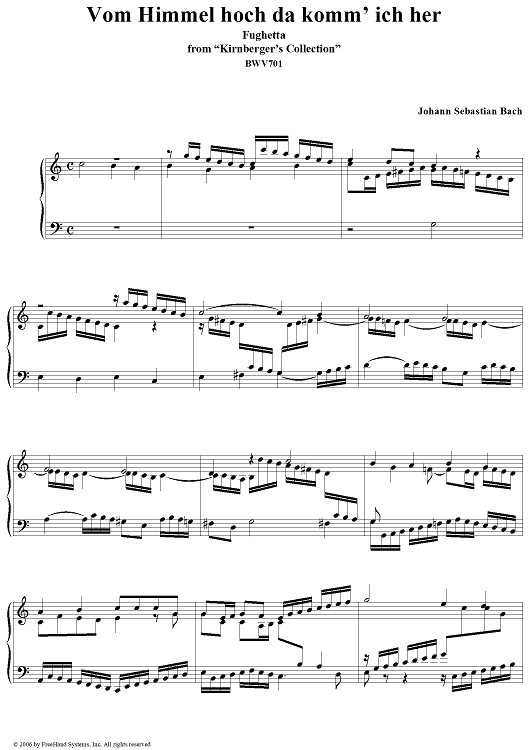 Vom Himmel hoch da komm' ich her, fughetta, from "Kirnberger's Collection", BWV701