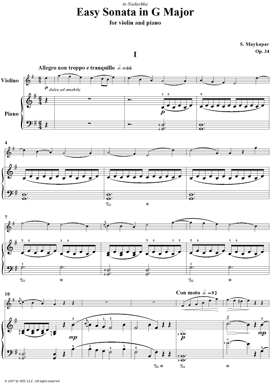 Easy Sonata in G Major for violin and piano - Piano Score