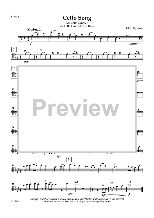 Cello Song for Cello Quintet or Cello Quartet with Bass - Cello 1