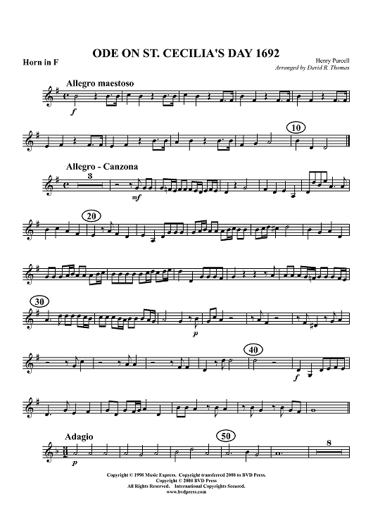 Ode on St. Cecilia's Day - Horn in F (plus optional part for Trombone)