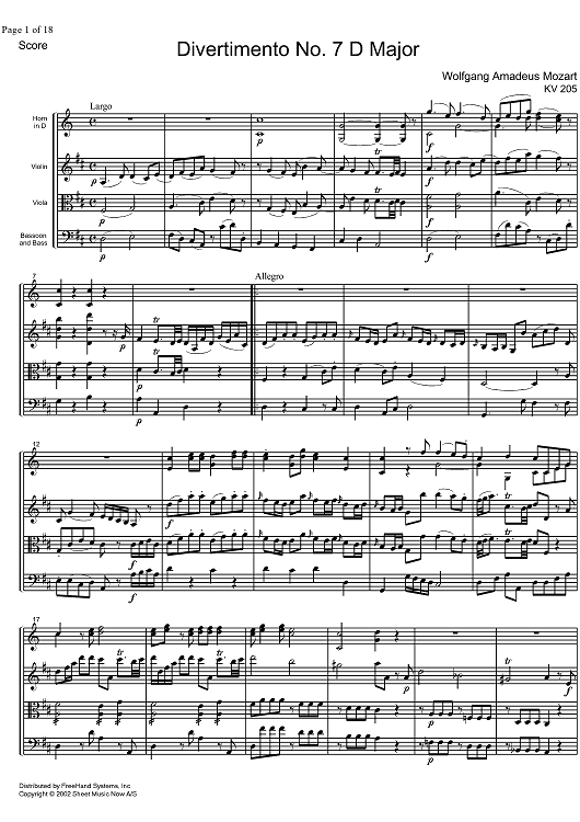 Divertimento No. 7 D Major KV205 - Score
