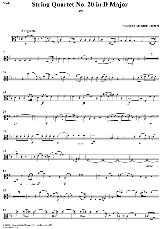 String Quartet No. 20 in D Major, K499 - Viola
