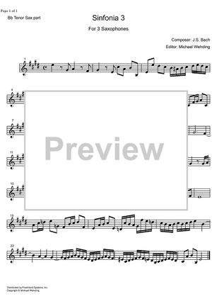 Three Part Sinfonia No. 3 BWV 789 D Major - B-flat Tenor Saxophone
