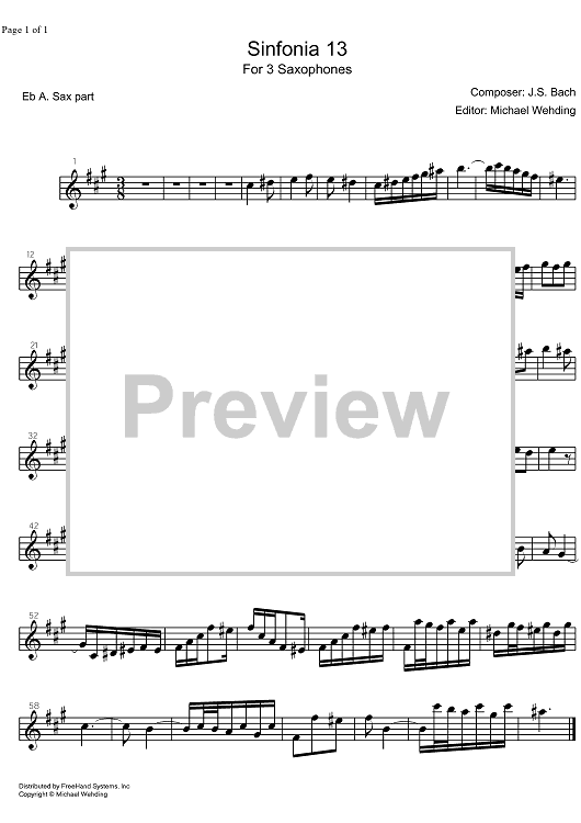 Three Part Sinfonia No.13 BWV 799 a minor - E-flat Alto Saxophone
