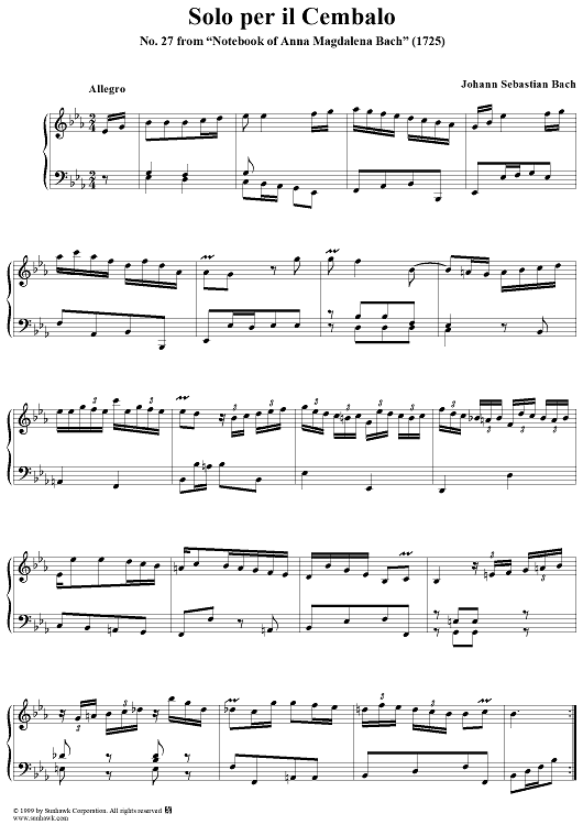 Solo per il Cembalo - No. 27 from "Notebook of Anna Magdalena Bach" (1725)