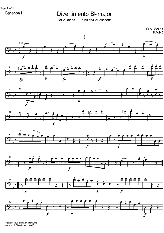 Divertimento No. 9 Bb Major KV240 - Bassoon 1