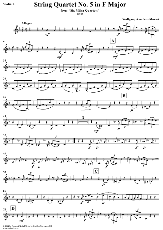String Quartet No 5. in F Major, K158 - Violin 2