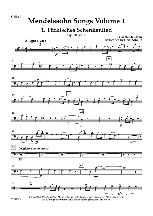Mendelssohn Songs: Volume 1 for Cello Quartet - Cello 3