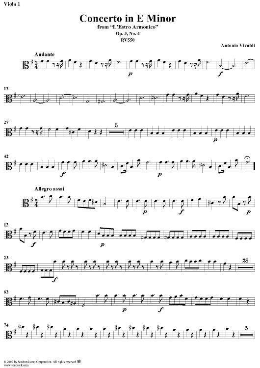 Concerto in E Minor    - from "L'Estro Armonico" - Op. 3/4  (RV550) - Viola 1