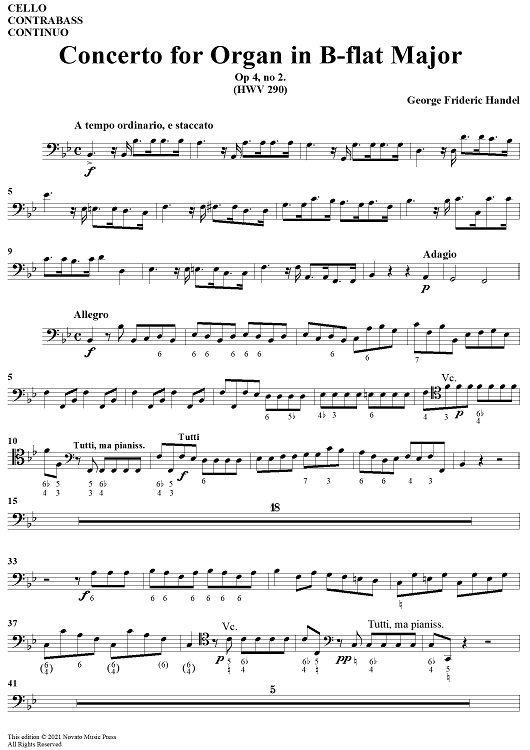 Concerto for Organ in Bb Major, Op 4, No. 2 (HMV 290) - Cello/Bass/Continuo
