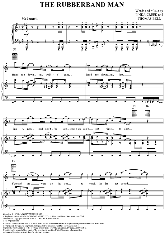 The Rubberband Man" Sheet Music by The Spinners for Piano/Vocal/Chords