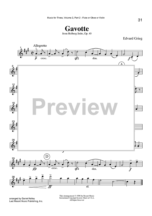 Gavotte - from Holberg Suite, Op. 40 - Part 2 Flute, Oboe or Violin