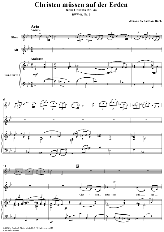 "Christen müssen auf der Erden", Aria, No. 3 from Cantata No. 44: "Sie werden euch in den Bann tun" - Piano Score