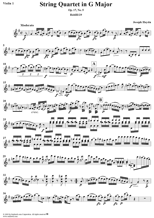 String Quartet in G Major, Op. 17, No. 5 - Violin 1
