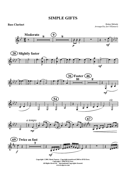 Simple Gifts - Bass Clarinet