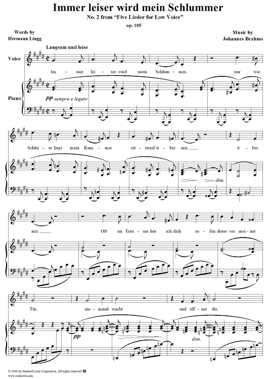 Five Lieder for Low Voice, Op. 105, No. 2, Immer leiser wird mein Schlummer