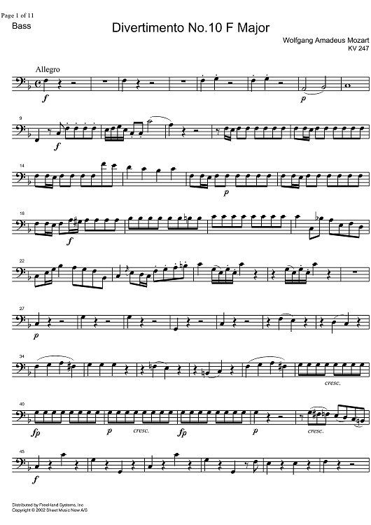 Divertimento No.10 F Major KV247 - Double Bass
