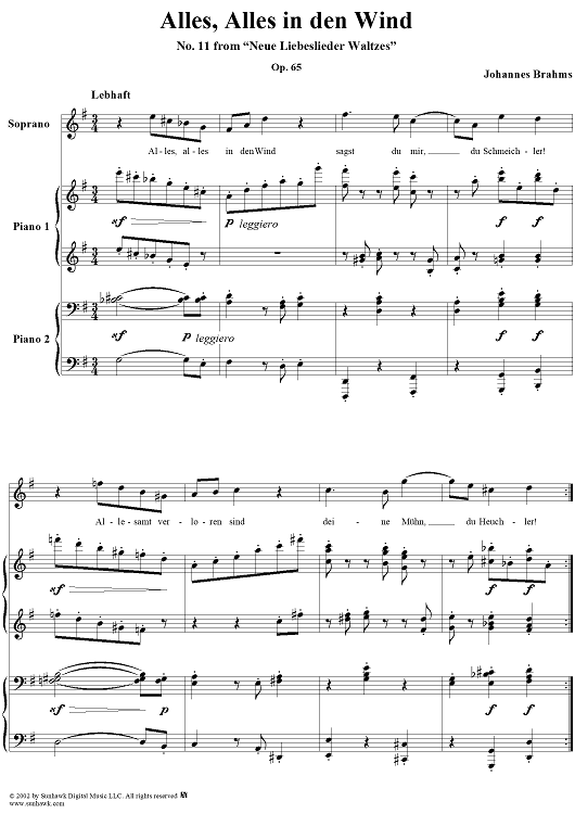 Neue Liebeslieder Waltzes, Op.65, No.11 in G major, Alles, Alles in den Wind, choral S, piano duet