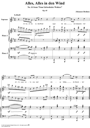 Neue Liebeslieder Waltzes, Op.65, No.11 in G major, Alles, Alles in den Wind, choral S, piano duet