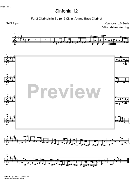 Three Part Sinfonia No.12 BWV 798 A Major - B-flat Clarinet 2