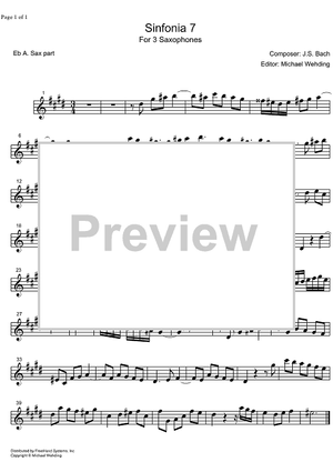 Three Part Sinfonia No. 7 BWV 793 e minor - E-flat Alto Saxophone